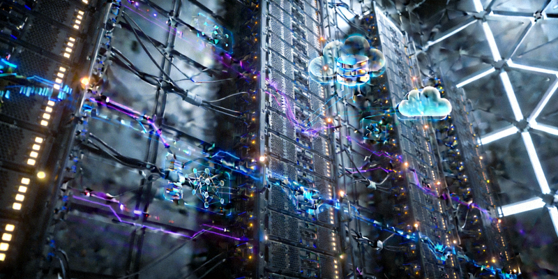 Cloud computing infrastructure with interconnected servers and data flow visualization